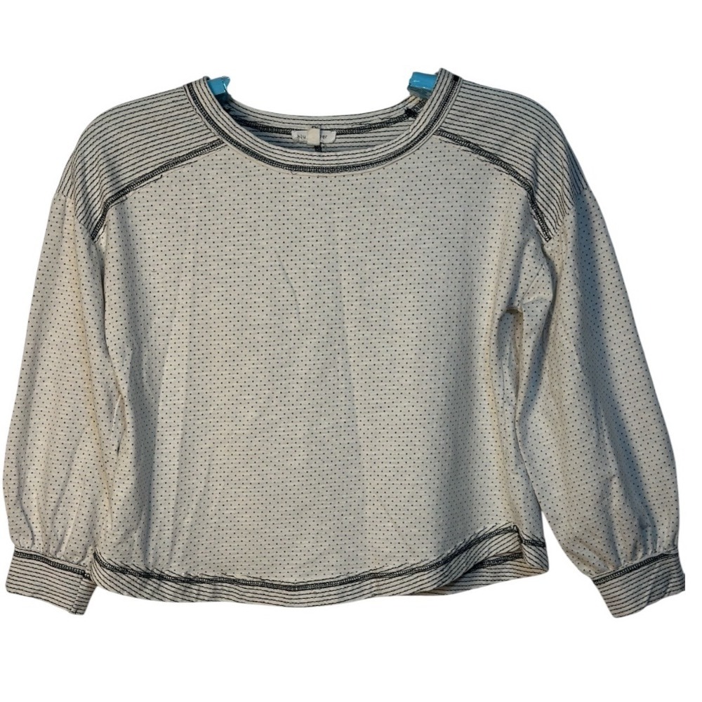 Blu Pepper Polka Dot Striped Hem Long Balloon Sleeve Pullover Top  Black Ivory M